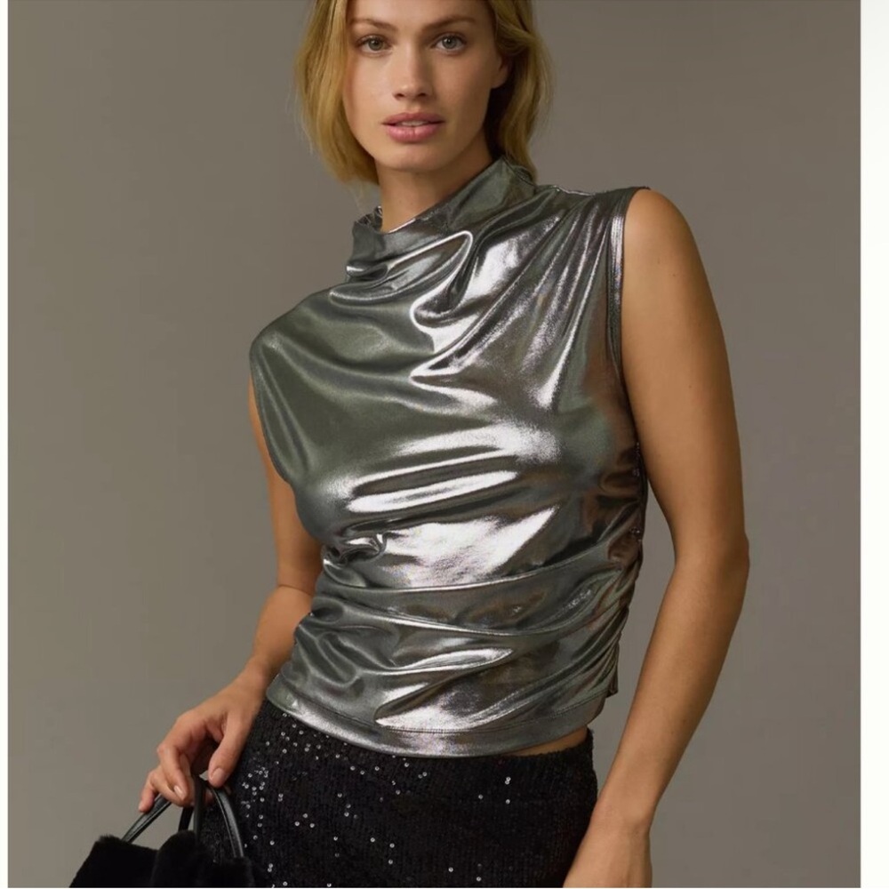 Anthropologie Maeve Silver Metallic Mock Neck Sleeveless Top Sz L